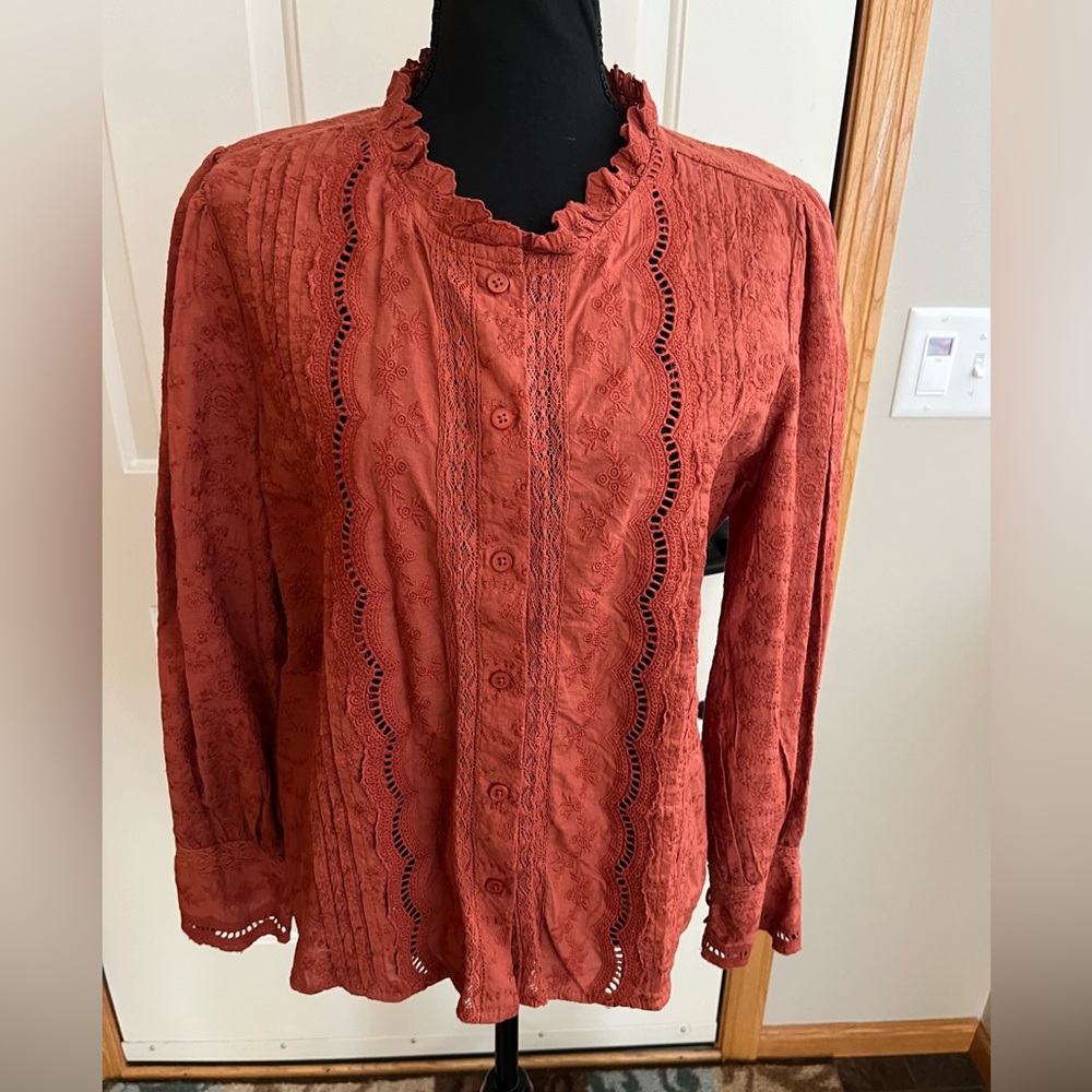 Calypso St. Barth Rust Button-Front Lace-Trim Blouse
